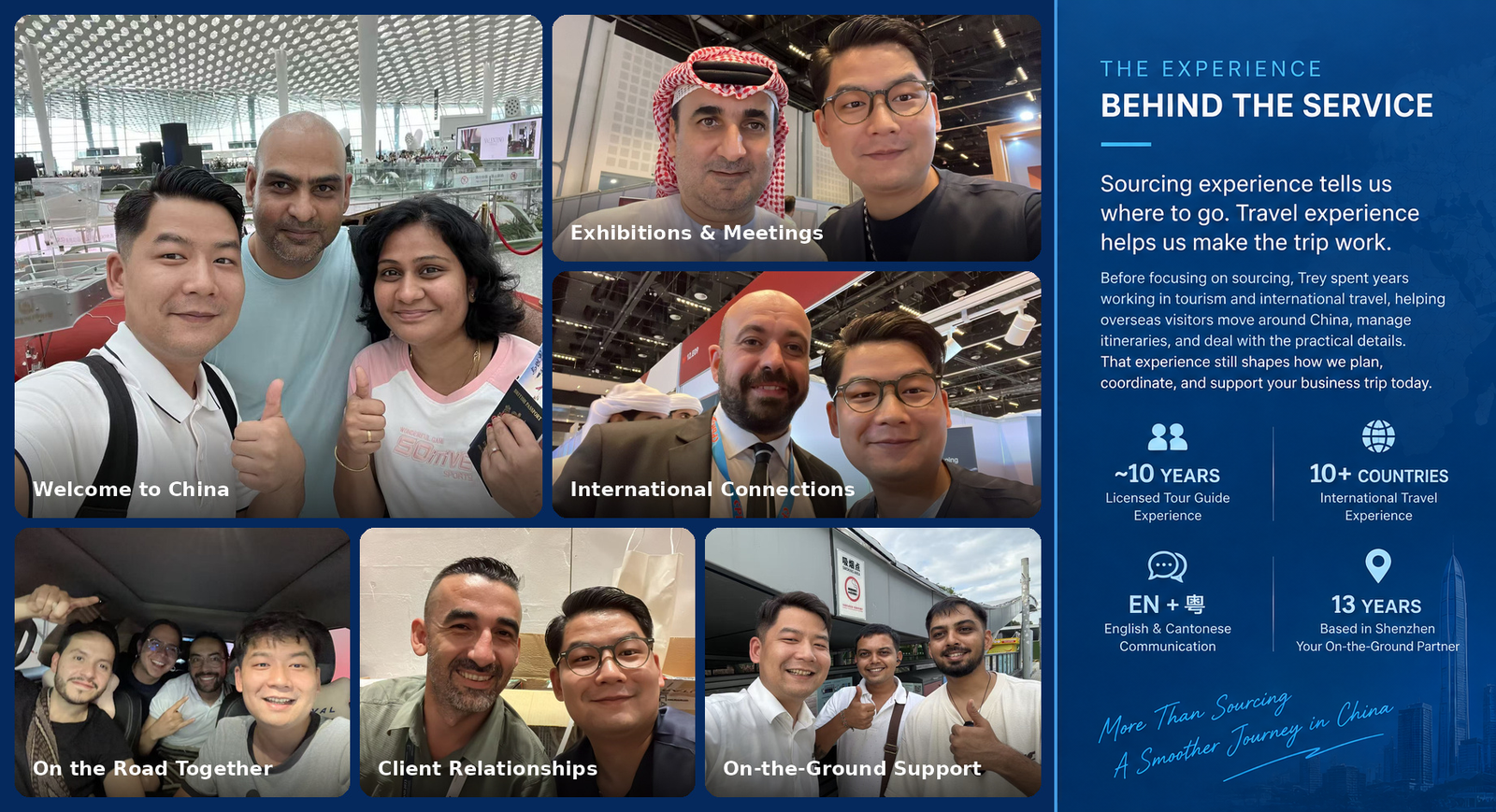 Guest photos from exhibitions, an airport and local travel, alongside a summary of TreySourcing's experience.