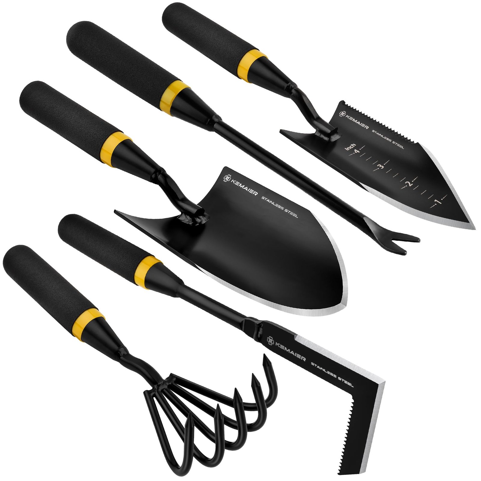 Garden hand tool set with trowels, cultivators, gloves and pruning shears on a white background.