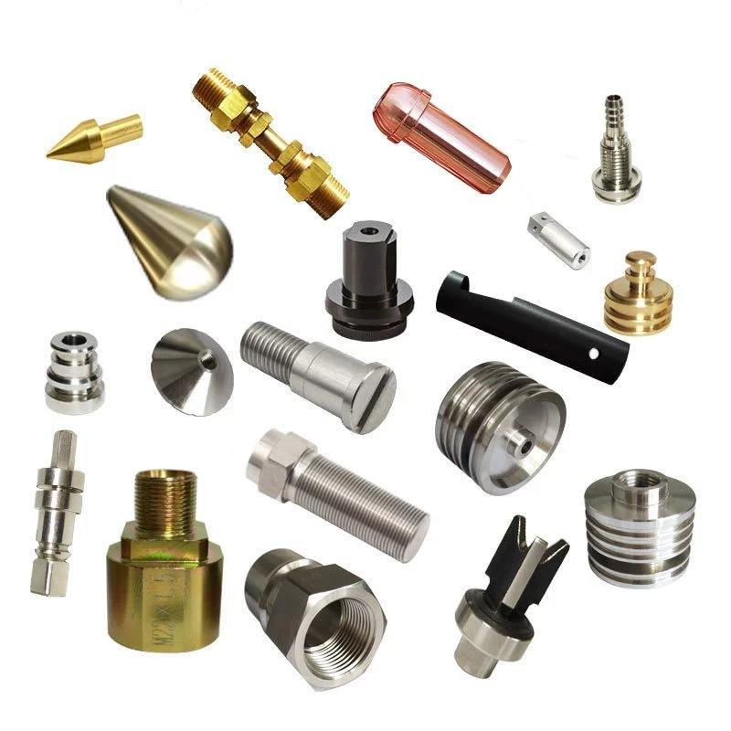 Industrial components including bearings, fittings, clamps and pneumatic connectors on a white background.