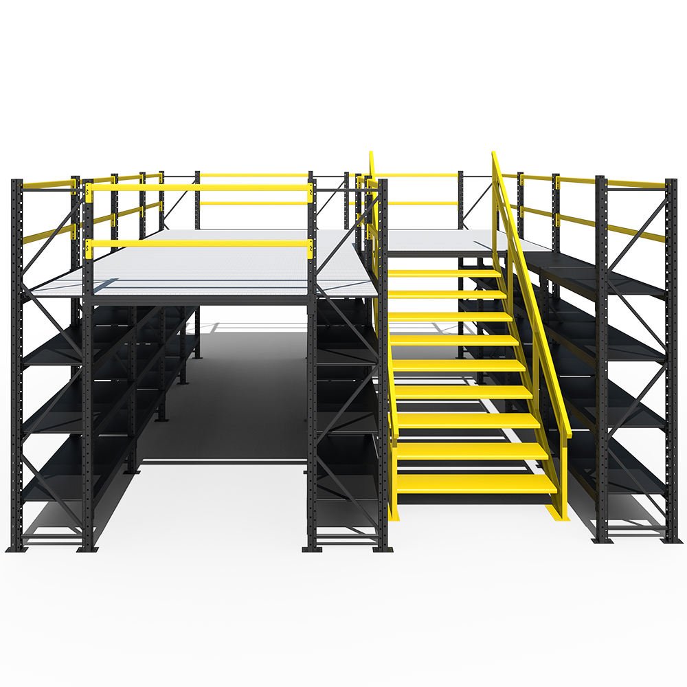 Industrial shelving rack with multiple blue storage bins on a white background.