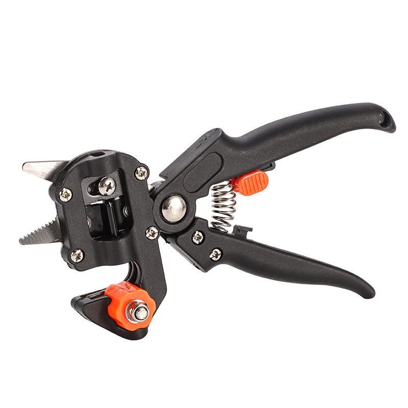 Garden pruning tool set with loppers, hedge shears and hand pruner on a white background.