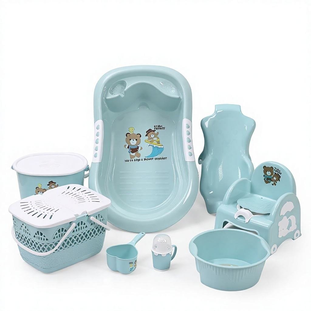 Baby care accessories on a white background.