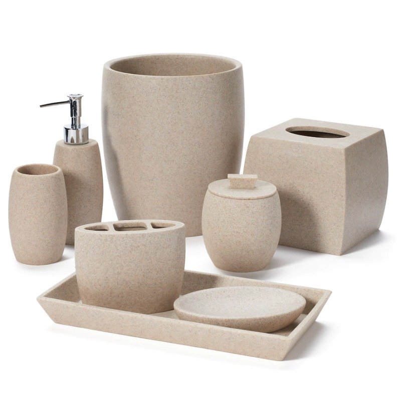 Bathroom accessories on a white background.