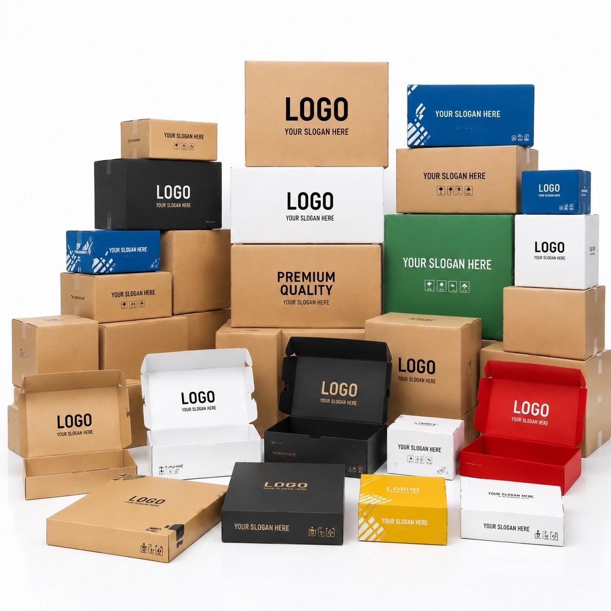 Folding cartons and paper boxes on a white background.