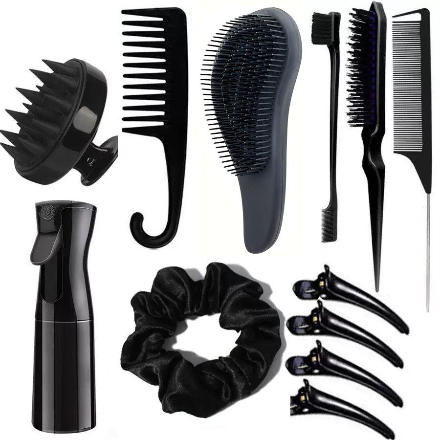 Hair care accessories and wigs on a white background.