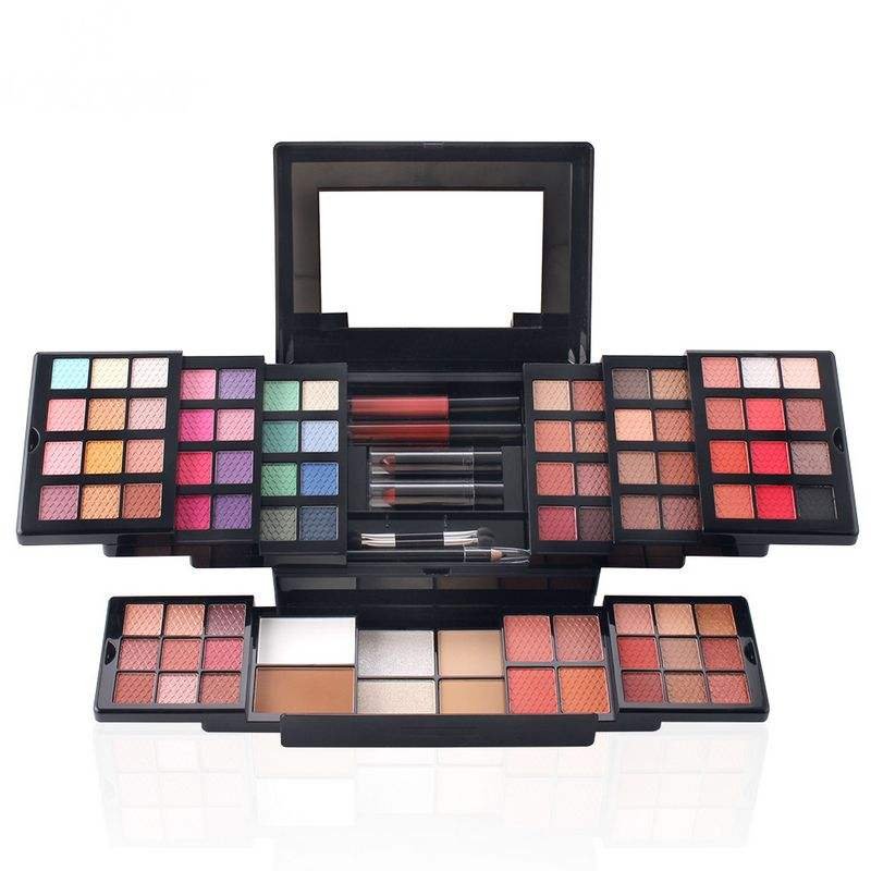 Makeup and color cosmetic products on a white background.