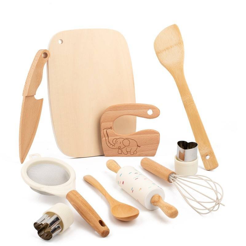 Pretend play kitchen set with colorful accessories shown on a white background.