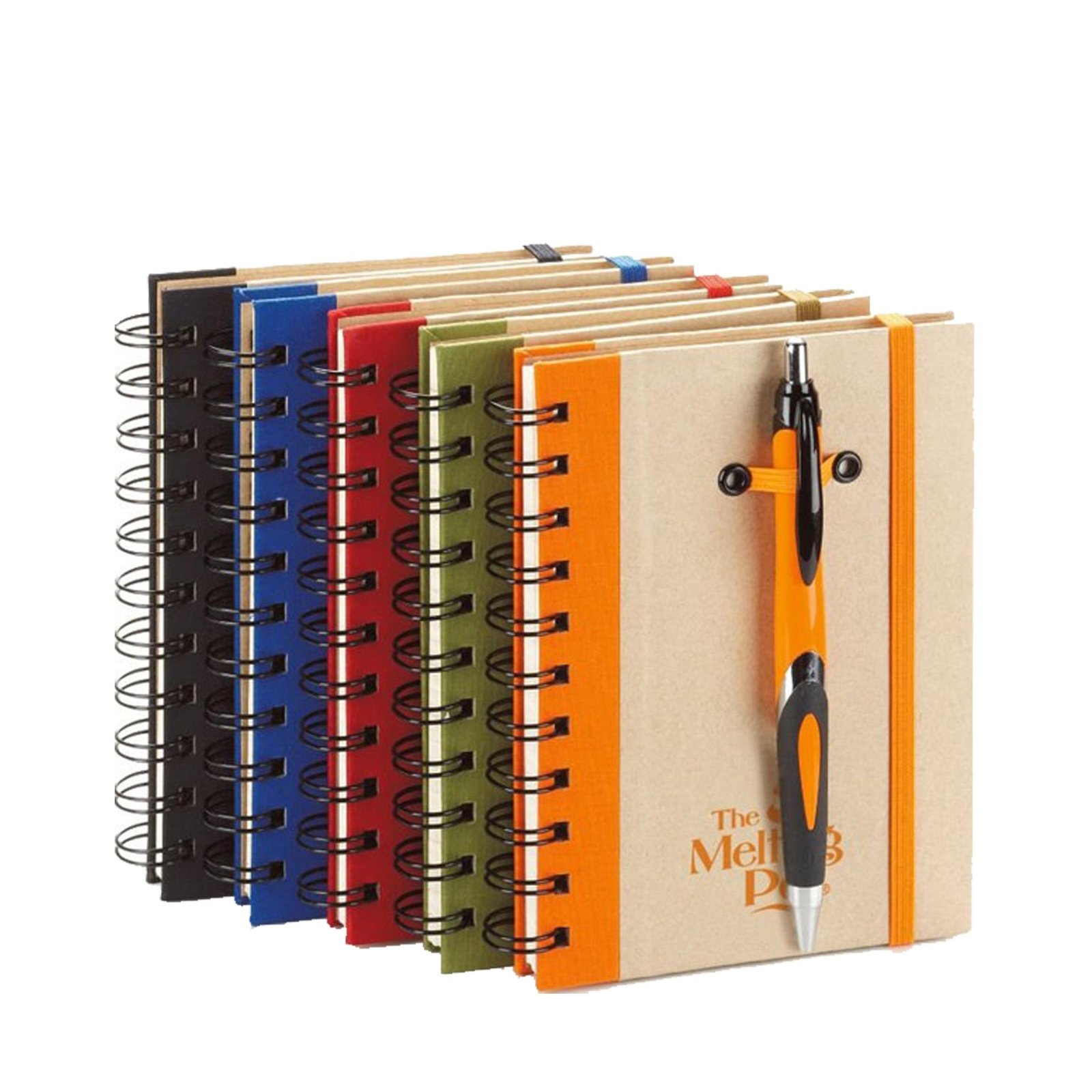Office stationery including pens, notebooks and writing supplies on a white background.